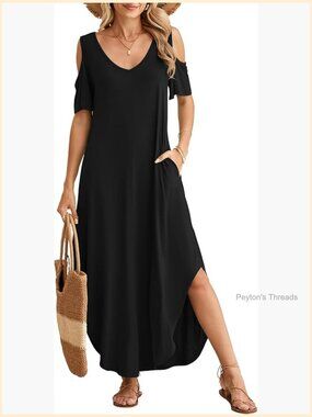 Plus Size Maxi Dress Cold Shoulder V Neck Pockets Beach Coverup Loose Sundress